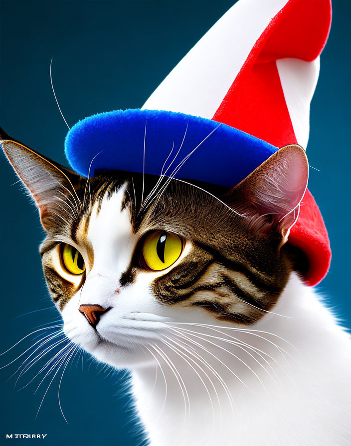 Yellow-eyed domestic cat in French flag-themed hat on dark blue background