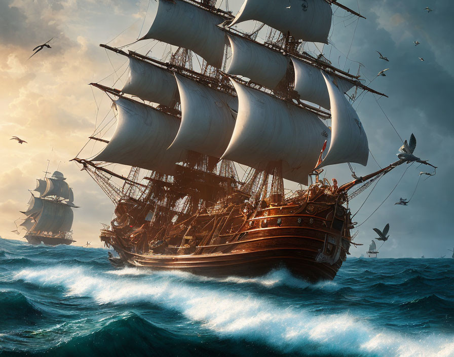 Tall ships with billowing sails in rough seas with flying seagulls