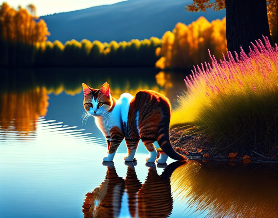 Orange and White Cat Reflecting in Lake Against Autumn Background