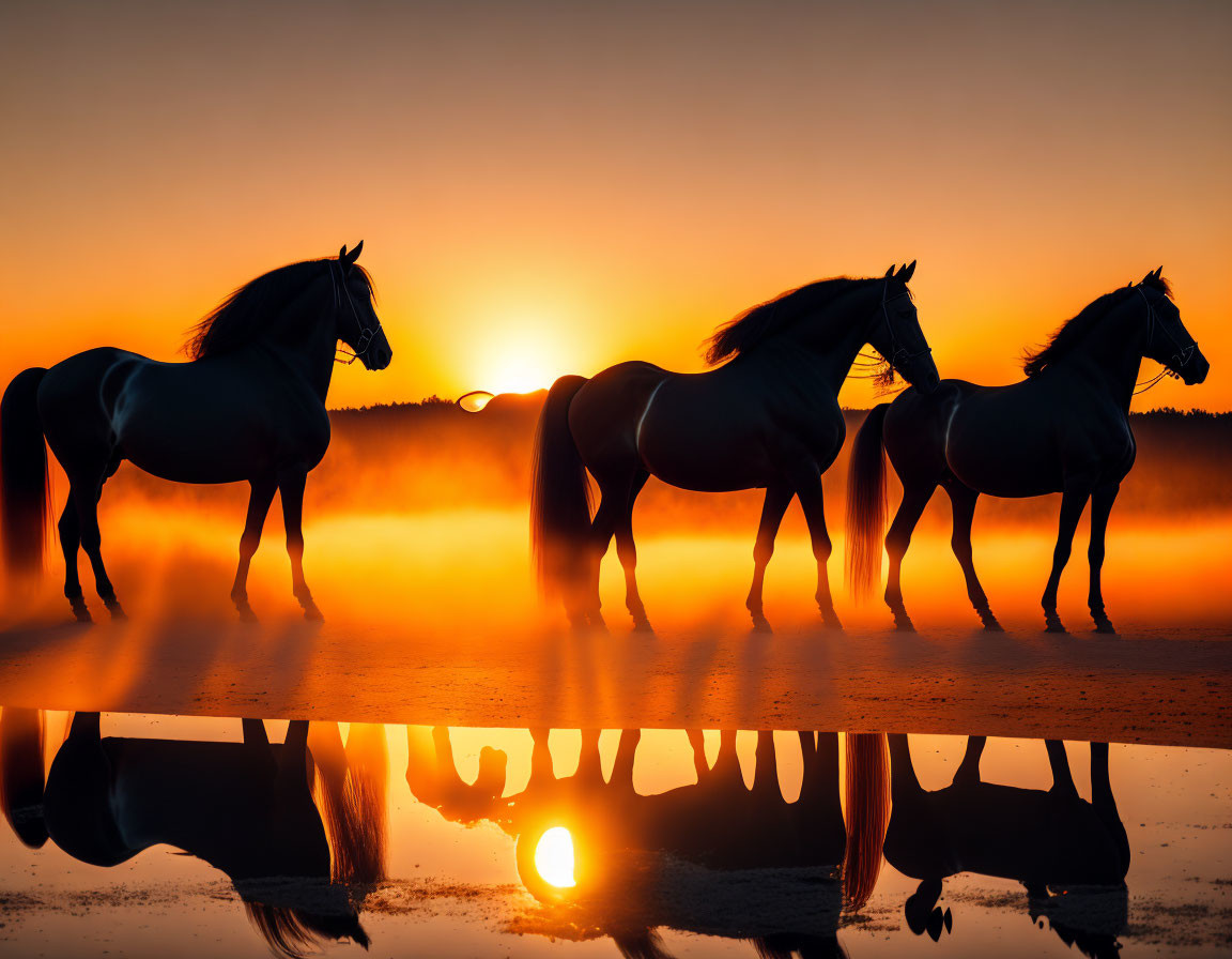 Horses Silhouetted at Sunset with Reflections and Orange Glow