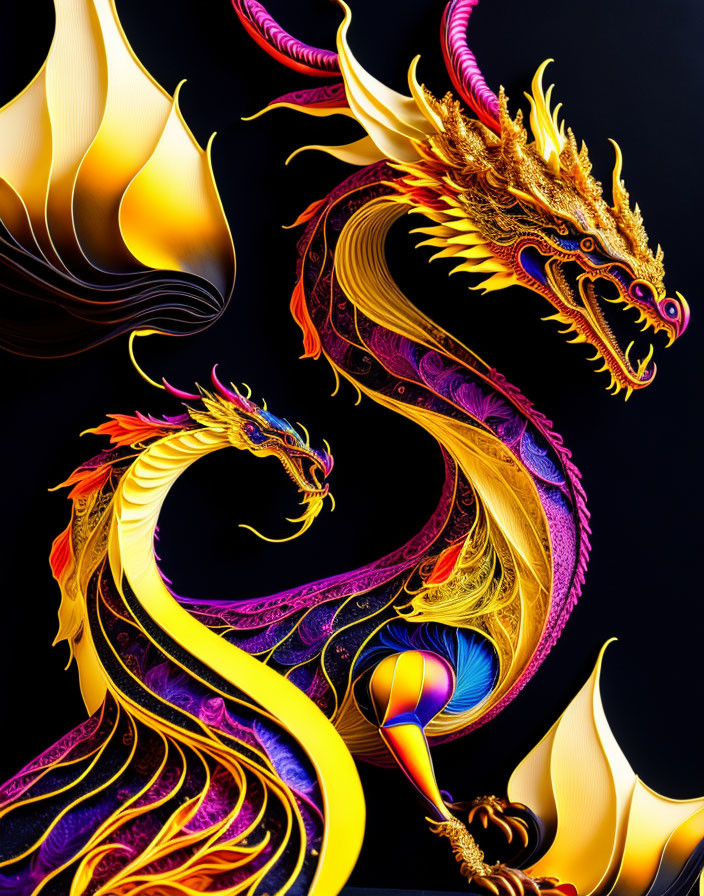 Vibrant digital artwork: Intertwined dragons in golden, red, and blue hues