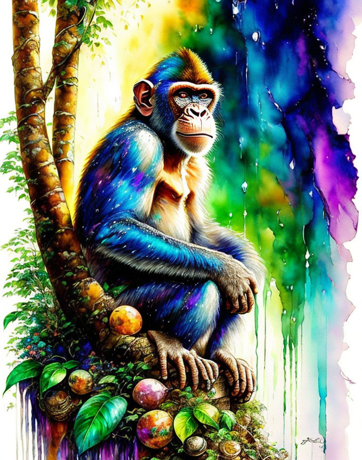 Vibrant Monkey Illustration on Tree Branch with Blue Fur