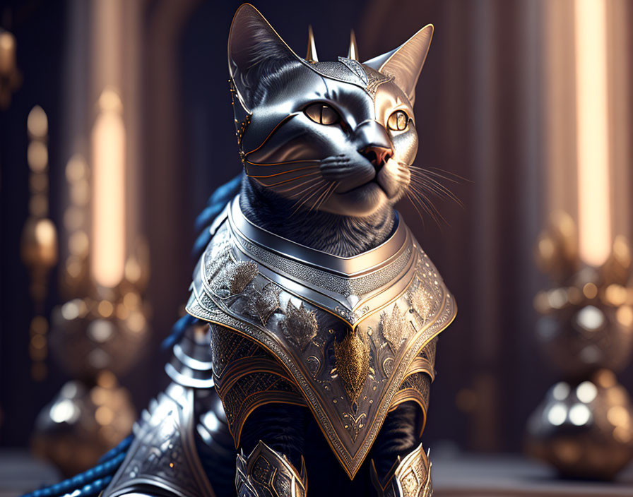 Realistic 3D illustration of a cat in medieval armor with gold details against grand arches.