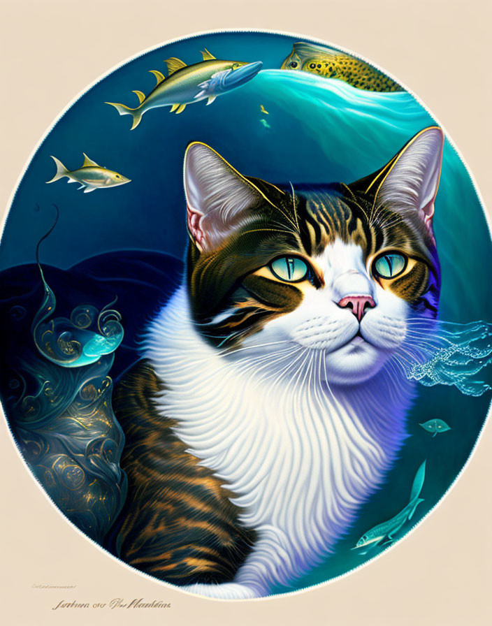 Vibrant seascape reflection in cat's eyes with fish and currents