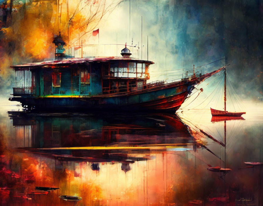 Vintage Boat Artwork with Abstract Water Reflections