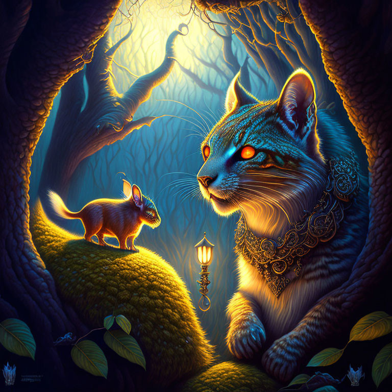 Glowing-eyed mystical cat meets luminescent mouse in twilight forest