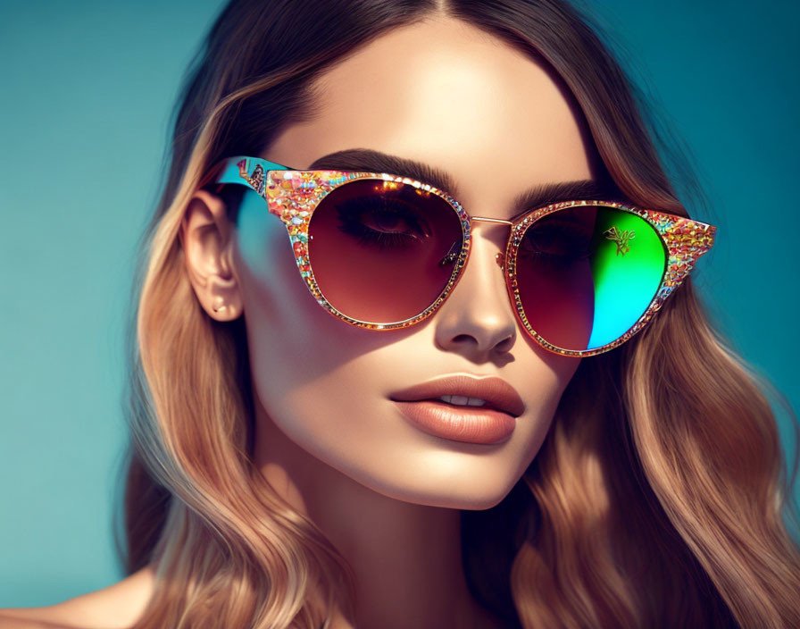 Woman with Wavy Hair in Oversized Sunglasses on Blue Background