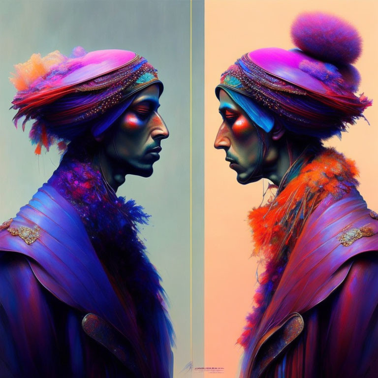 Colorful Split-Image Portrait with Feathered Headpieces