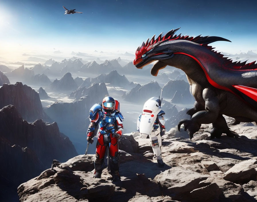 Astronauts, robotic dragon, spacecraft on rugged mountain range