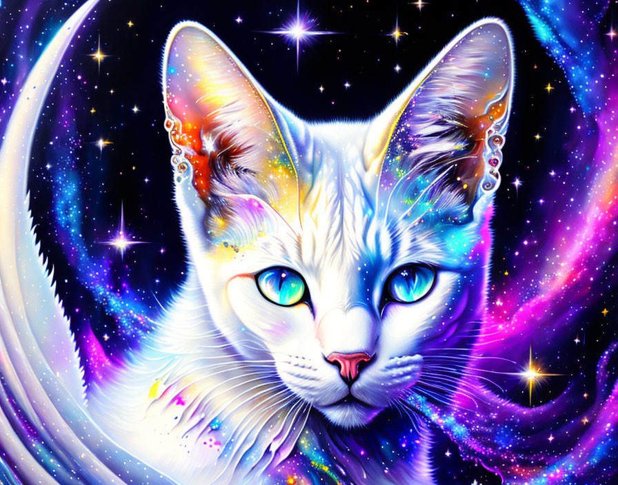 Colorful White Cat Artwork in Cosmic Setting