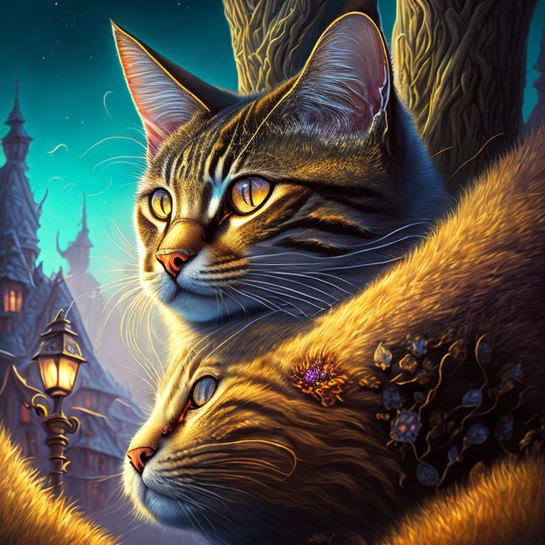 Two glowing-eyed cats in front of fantasy castle at night