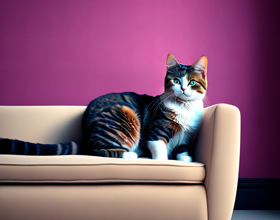 Calico Cat with Striking Pattern on Beige Sofa against Pink Wall