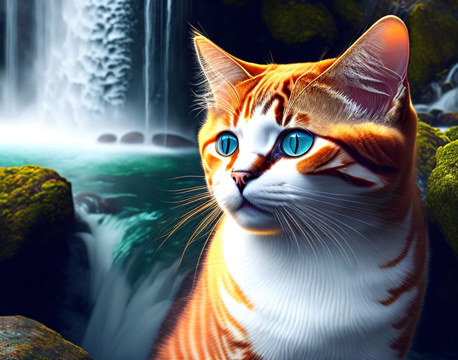 Orange Tabby Cat with Blue Eyes Against Mossy Rock and Waterfall