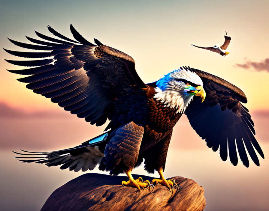 Majestic eagle perched on rock with outstretched wings in sunset scene