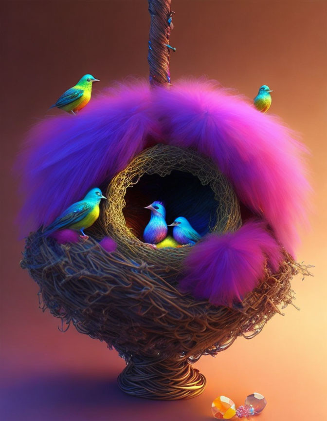 Colorful pink fur nest with blue birds on braided twigs - warm background