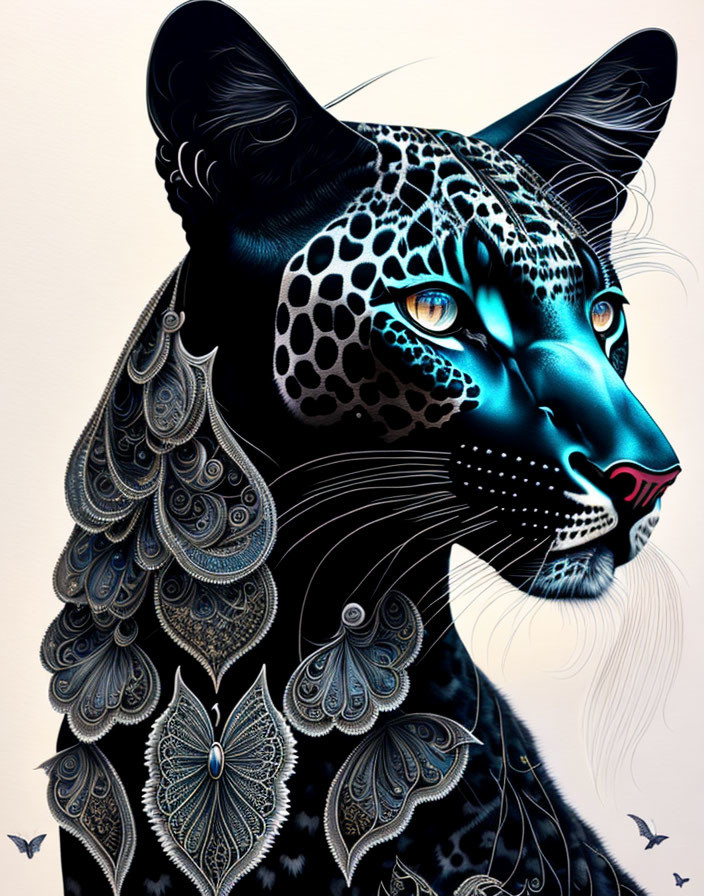 Black leopard with blue patterns on white background