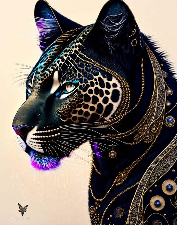 Stylized black jaguar with gold patterns and butterfly on cream backdrop