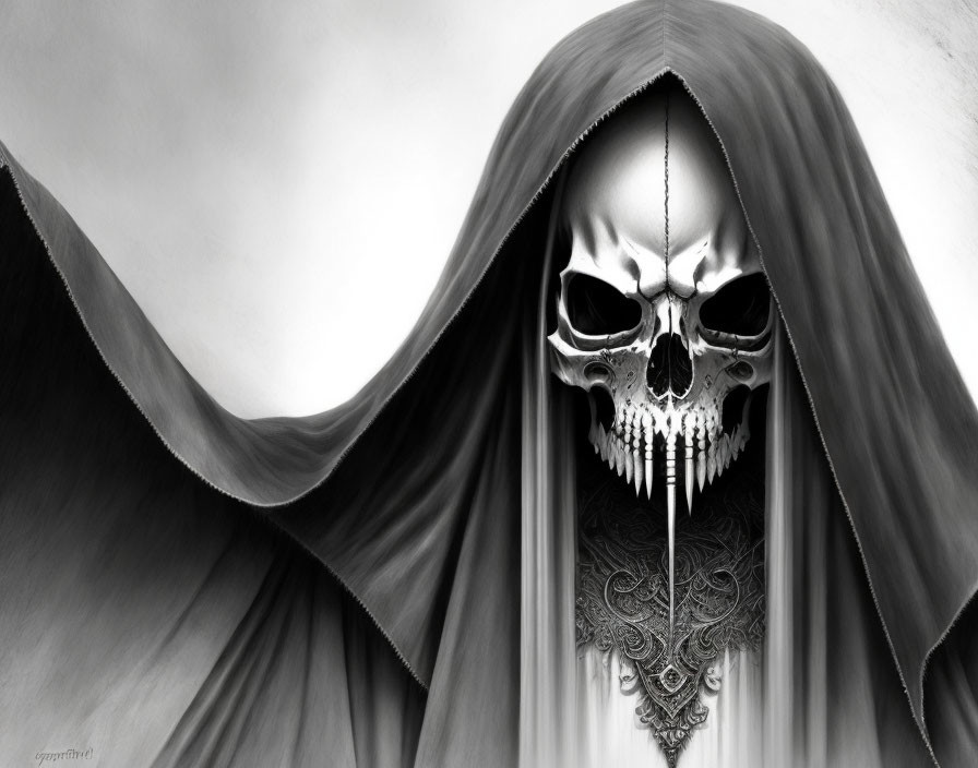 Monochromatic art: Cloaked figure with skull face, intricate patterns, and forehead pendant