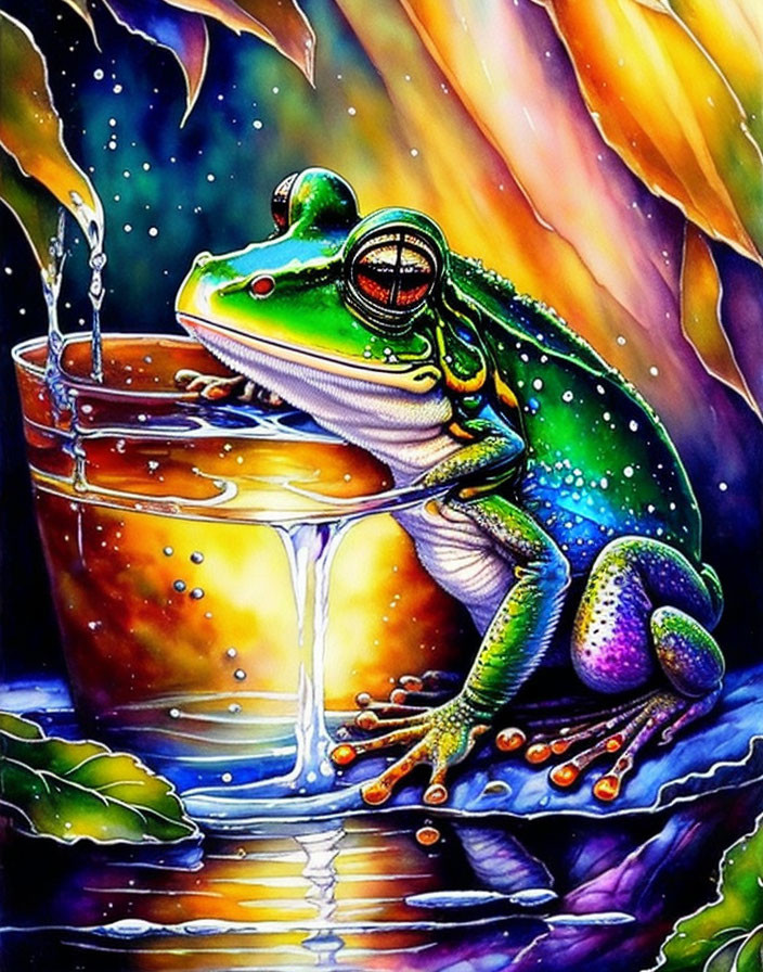 Colorful Steampunk Frog Illustration on Bucket in Surreal Setting