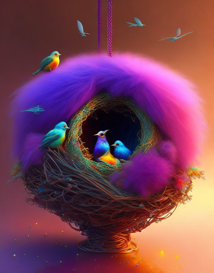 Colorful digital artwork: Whimsical bird nest with vibrant feathers and blue birds surrounded by floating leaves