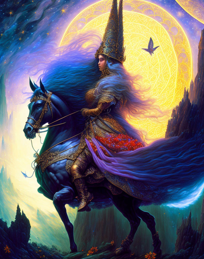 Ethereal warrior woman on black horse under golden moon