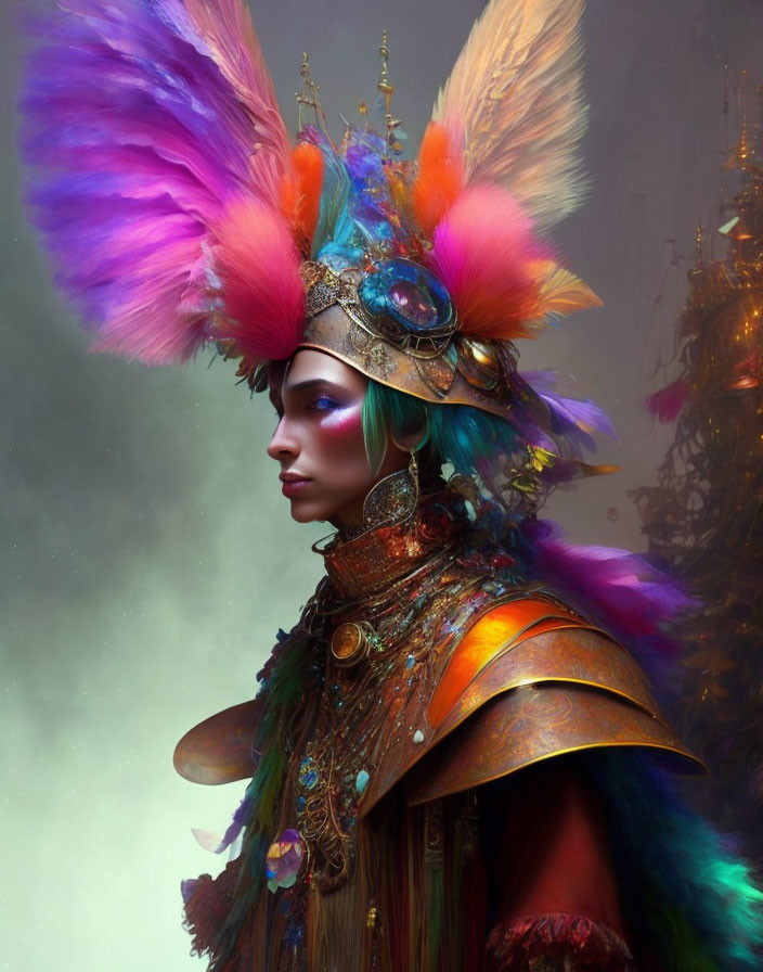 Elaborate colorful costume with feather headdress and ornate armor