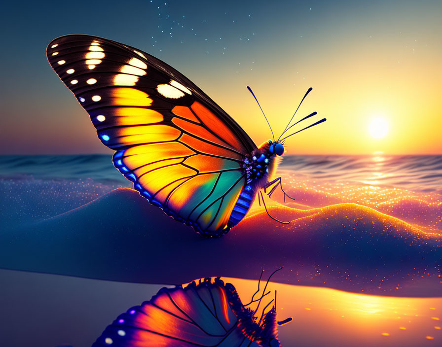 Colorful Butterfly Reflection on Sandy Beach Sunset Ocean