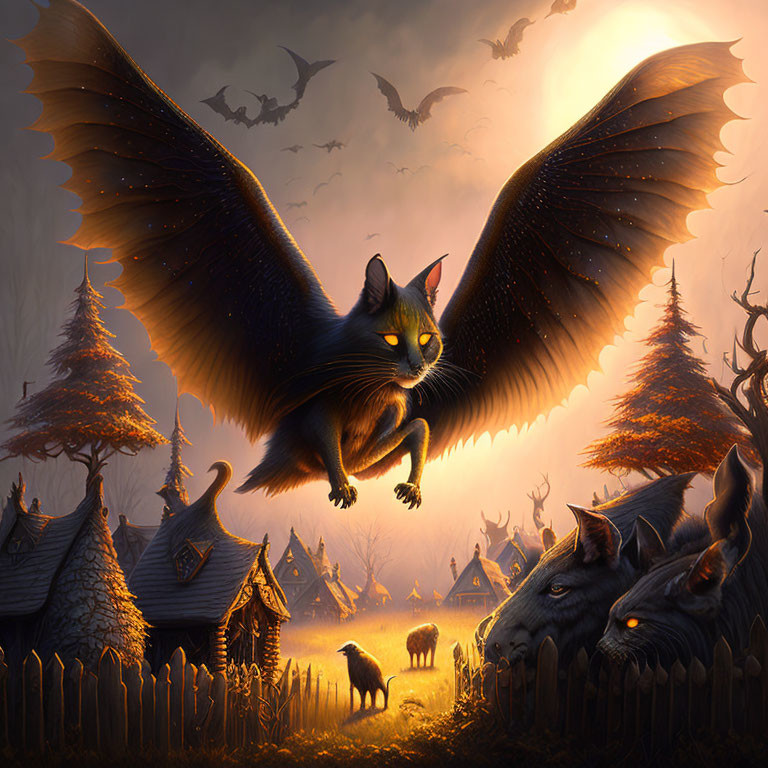 Giant Bat-Winged Cat Soars over Twilight Village