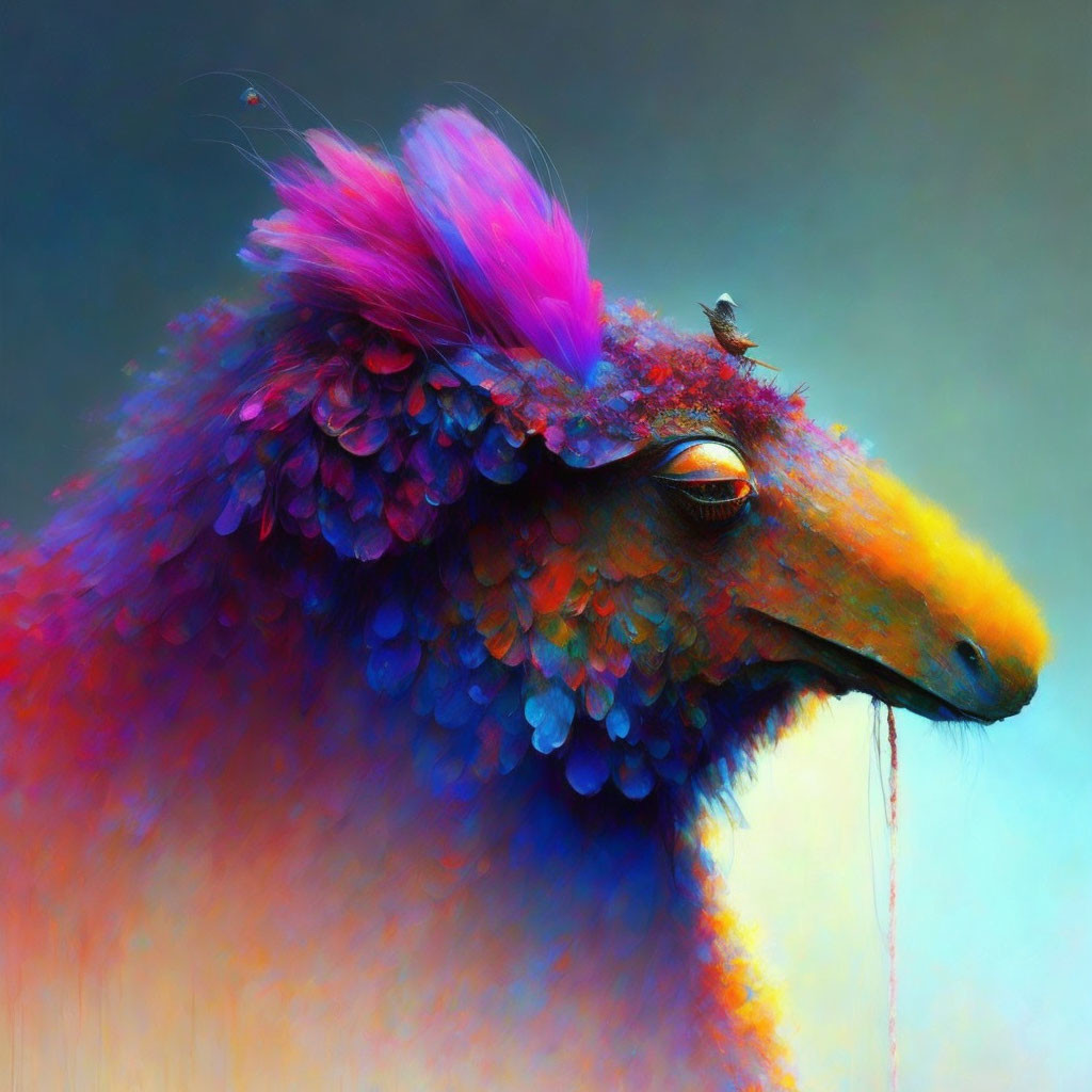 Colorful Creature with Purple Crest and Blue Feathers on Soft Background