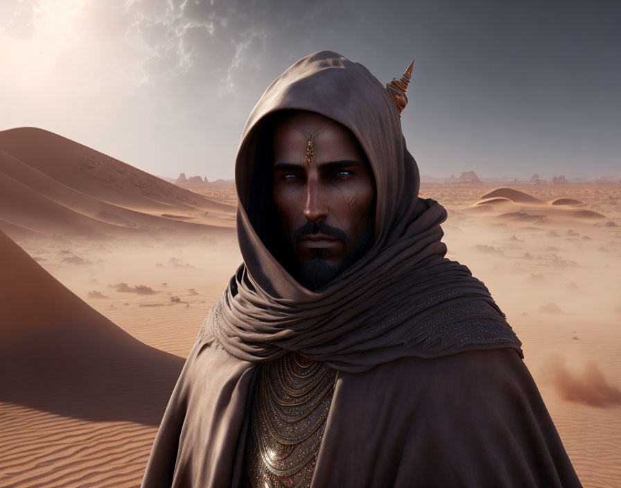 Man in Desert Robes with Gold Jewelry and Forehead Pendant in Sand Dunes