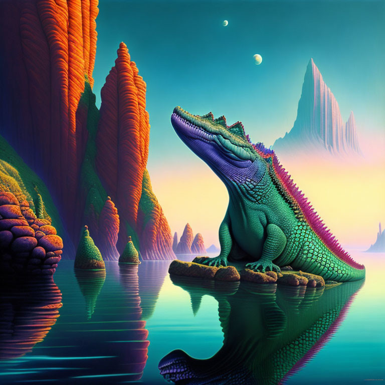 Colorful Alien Landscape with Alligator-Like Creature and Reflective Water