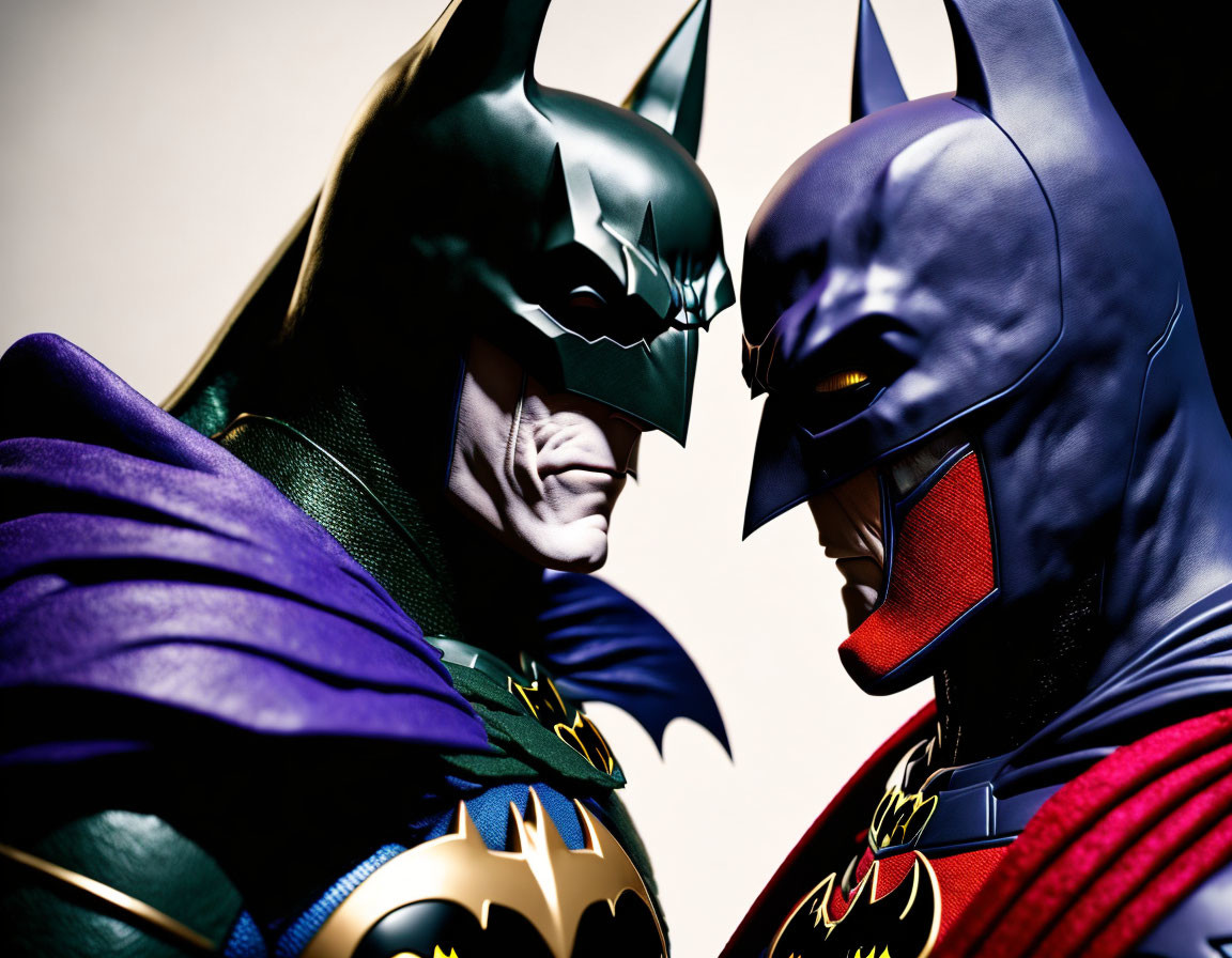 Two Batman figures in black and blue costumes face off closely