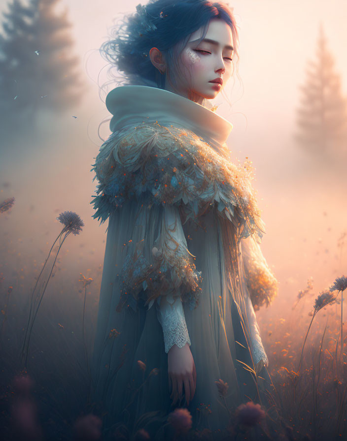 Serene woman in blue gown in misty meadow with golden accents