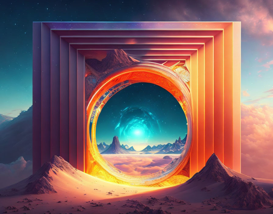 Multilayered portals featuring fiery and icy landscapes against mountainous backdrop and vibrant dusk sky.