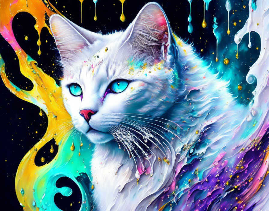 White Cat with Blue Eyes Surrounded by Colorful Paint Splash