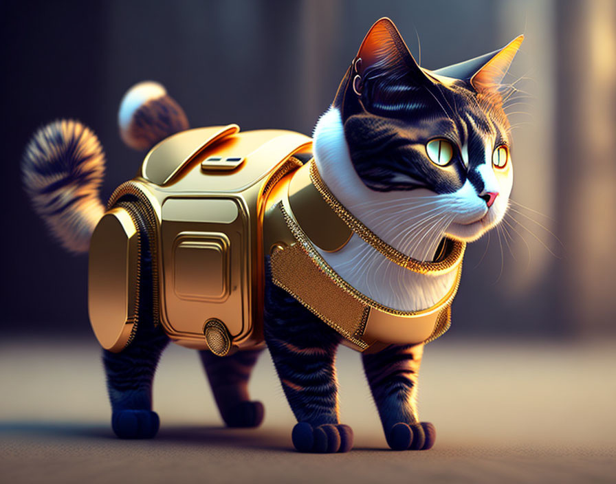 Digital artwork: Sci-fi inspired cat with golden backpack & accessories posing intensely