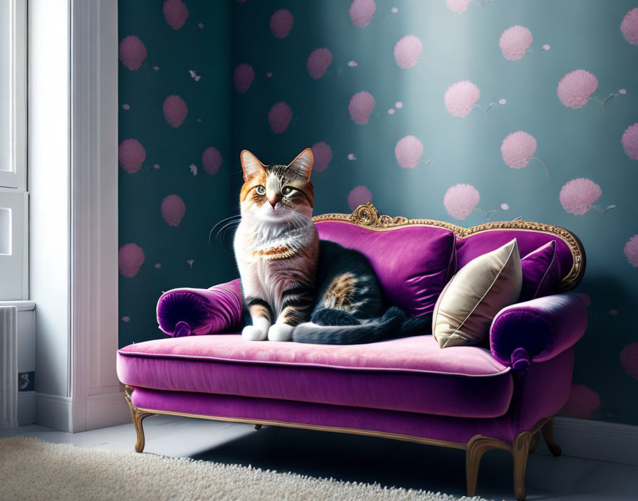 Cat relaxing on purple chaise sofa against polka-dot wallpaper with pillow