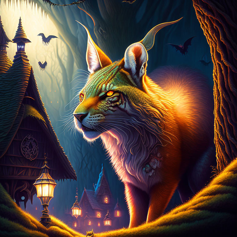 Giant orange cat in fantasy forest with lanterns and castle