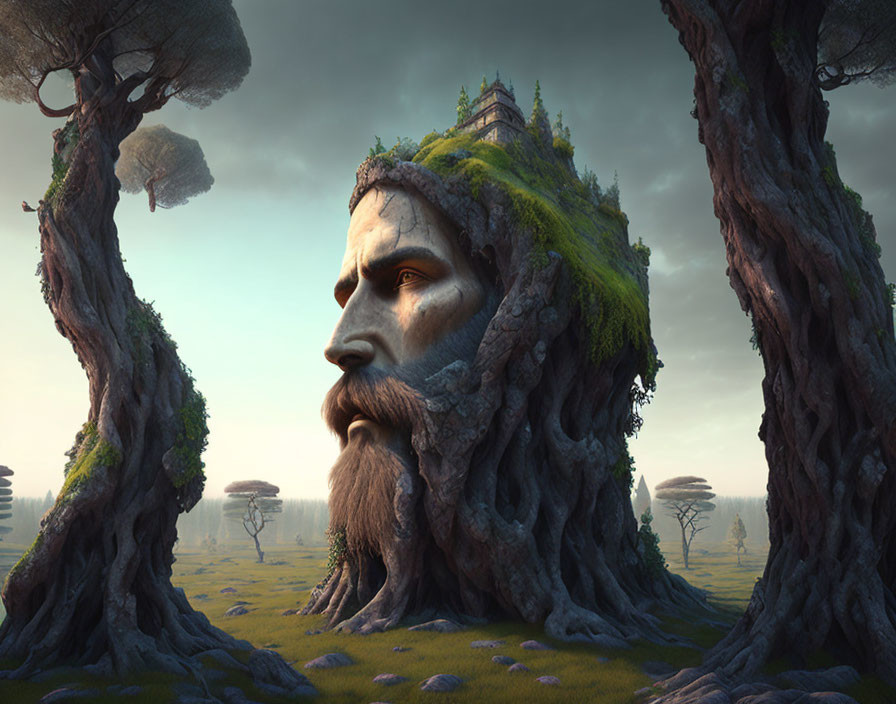 Fantasy landscape: giant man's face with beard and mustache, trees, and castle.