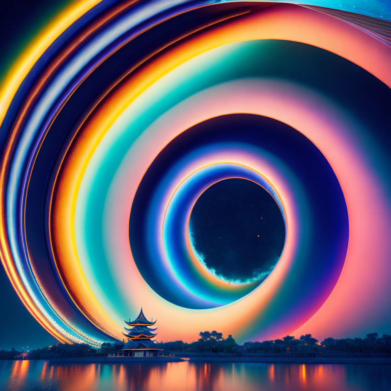 Vibrant concentric light circles above traditional pagoda at night