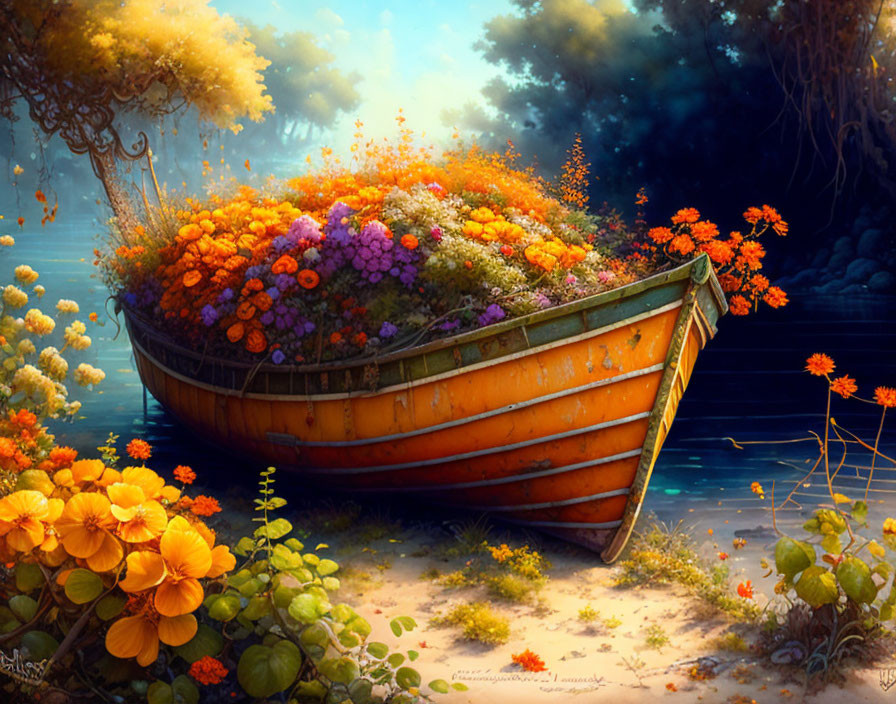 Weathered boat filled with flowers near mystical forest with stairway