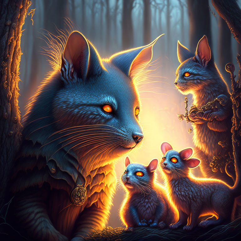 Fantasy illustration of glowing-eyed, blue-furred cat-like creatures in enchanting forest