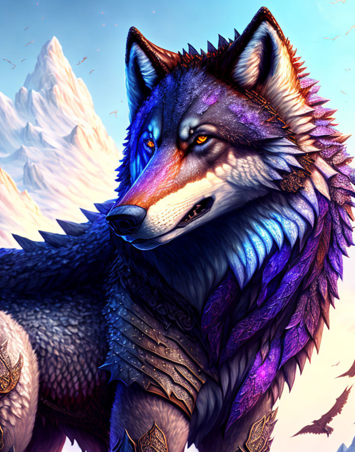 Detailed digital artwork: Majestic wolf with blue and purple fur, golden eyes, fantasy armor, mountain