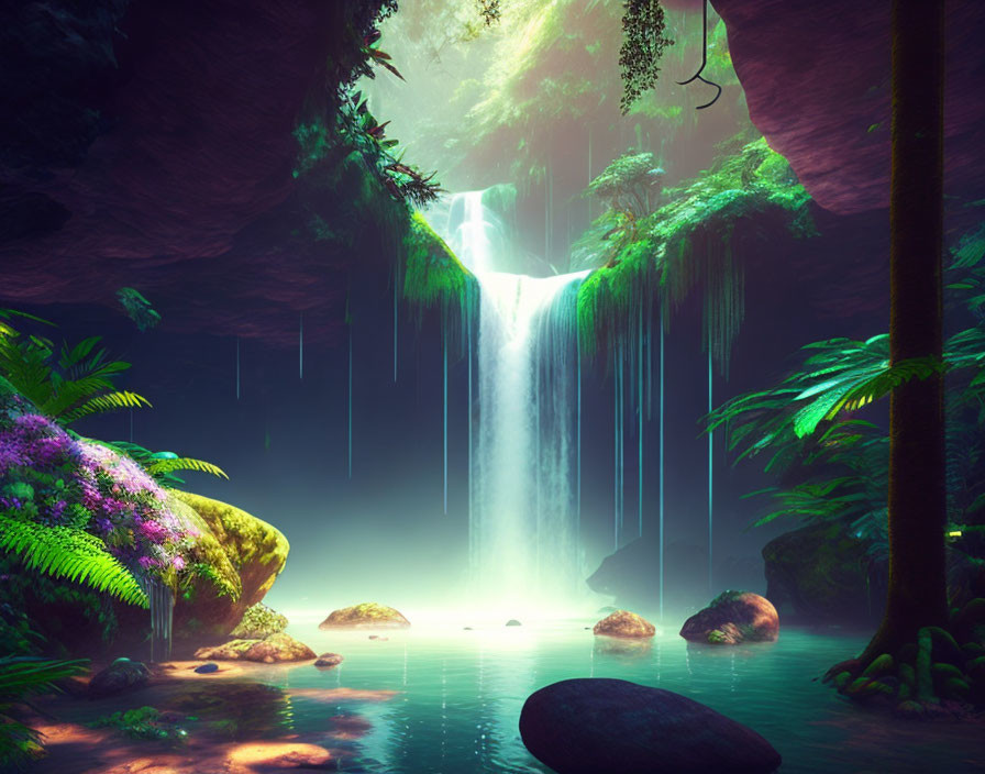 Tranquil waterfall in mystical forest with ethereal light