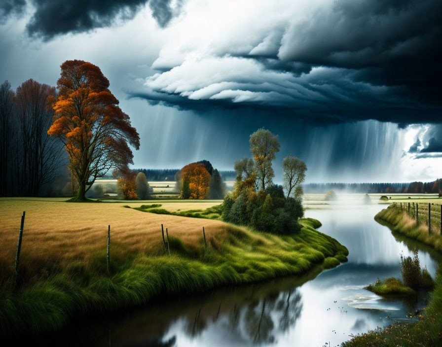 Dramatic landscape with dark storm cloud over serene river