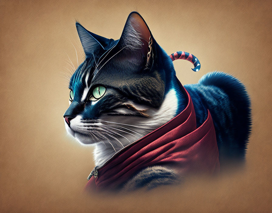 Digital artwork of cat superhero in mask and cape on beige background