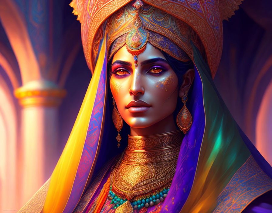 Colorful portrait of woman with gold jewelry and decorative headdress