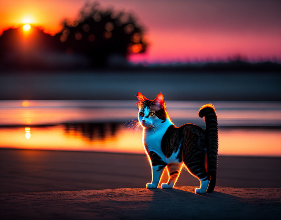 Cat with striking markings by water at sunrise/sunset.