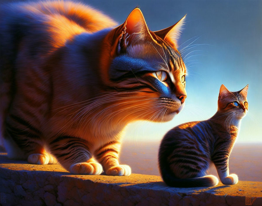 Large orange striped cat gazes at smaller kitten in sunset scene