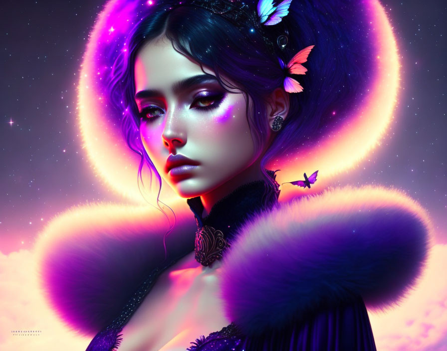 Digital portrait of woman with purple accents & butterflies in cosmic setting